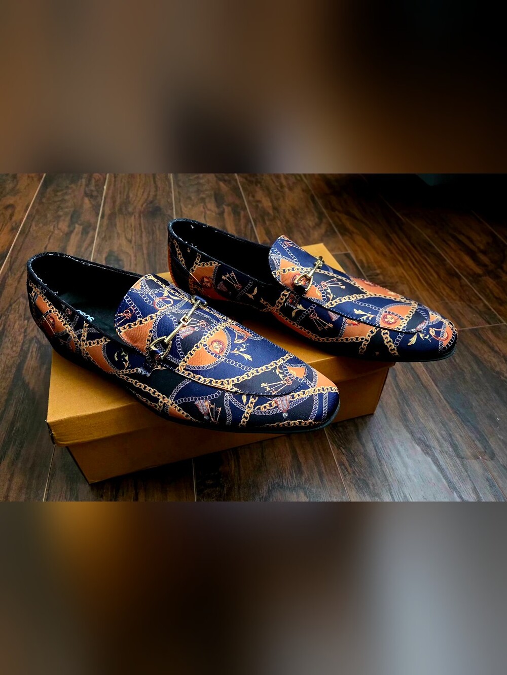 ASOS Navy and Orange Chain-Print Slip-On Loafers